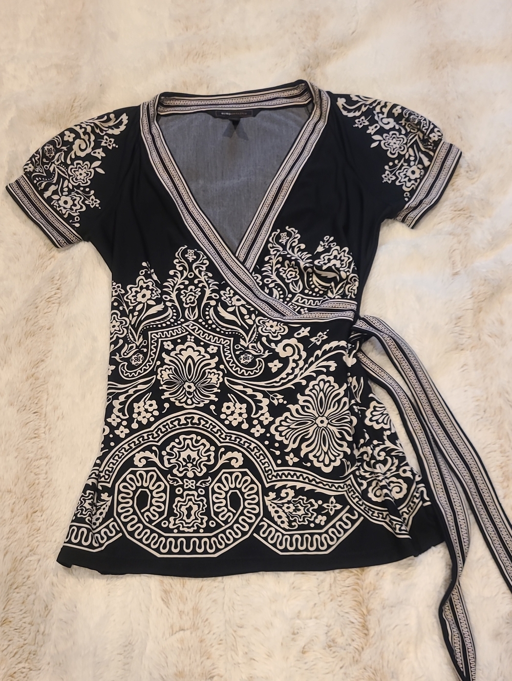 BCBGMaxAzria Black and Cream Wrap-Style Paisley Print Tunic